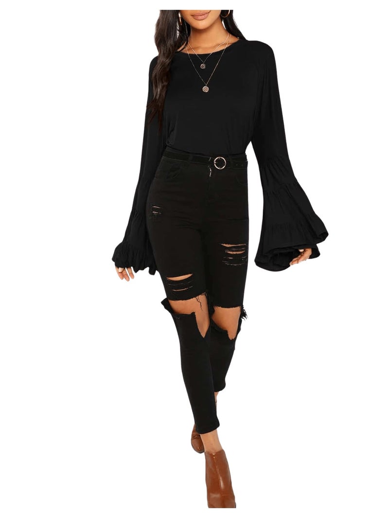 Floerns Women's Casual Boho Ruffle Long Bell Sleeve Tops Tee Shirt Black M - Image 5